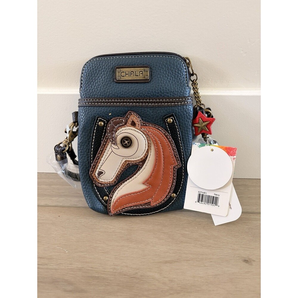 NEW CHALA HORSE CELL PHONE CROSSBODY PURSE BAG ADJUSTABLE STRAP NAVY BLUE ORANGE